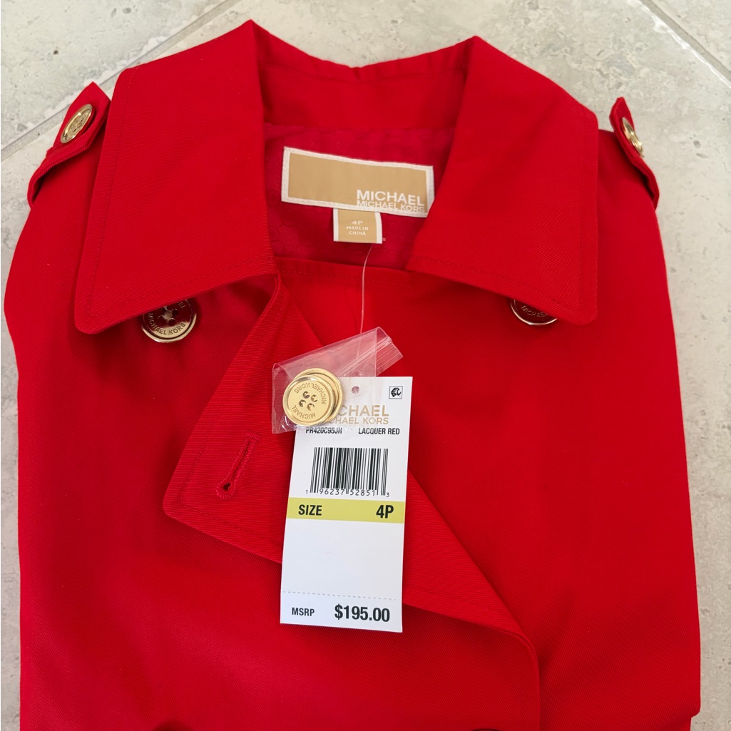Brand New Michael Kors Cotton Twill Cropped Peacoat In Vibrant Orange, Size : 4p